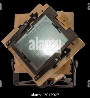 Intrepid 4X5 Mark IV Plywood Folding Field Film Camera on Plain Black Background for Easy Isolation and Cutout Stock Photo