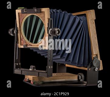 Intrepid 4X5 Mark IV Plywood Folding Field Film Camera on Plain Black Background for Easy Isolation and Cutout Stock Photo