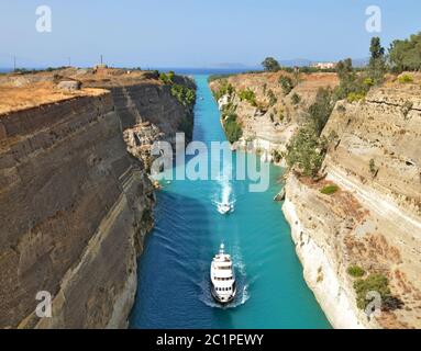 Boats on the Corinth Canal in Greece Stock Photo