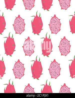 Pitaya. Pink tropical fruit. Summer seamless pattern. Design for postcards, flyers, clothes. Stock Vector
