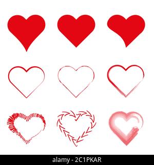 Red hearts Vector collection hand drawn elements for your designs love symbols on a white background Stock Vector