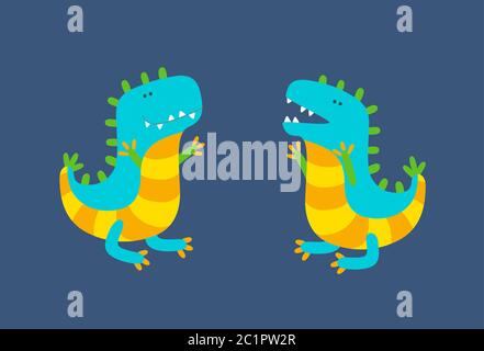 Two funny colorful dinosaurs on dark blue background. Vector illustration in cute cartoon style Stock Vector