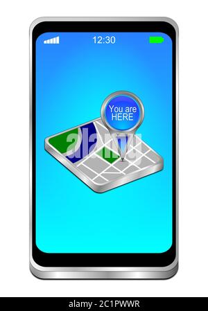3D Illustration. Smartphone with a map pointer and boxes Stock Photo ...