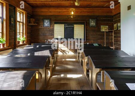 Interior of the historic one-room school in Konstantinovo Stock Photo