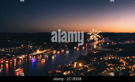 Rhine in Flames (Bonn) - Fireworks next to the Rhine - View from 'Erpeler Ley' Stock Photo
