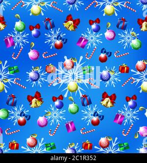 Holiday decorations with Christmas balls of different colors, candies, golden bells with a red bow, snowflakes. Stock Vector