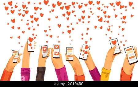 Human hands rised up with smartphone dating app, searching for love and romantic event or date, sending love and like signs. Dating app, online chat Stock Vector