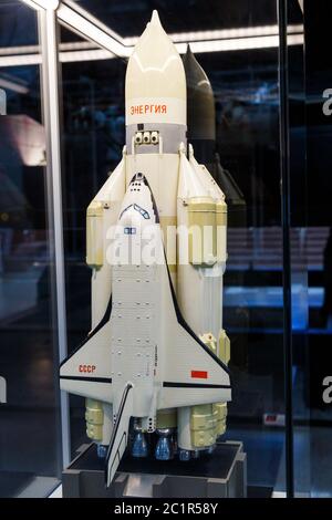 Moscow, Russia - November 28, 2018: IA model of the Soviet USSR version of the space shuttle named as Buran, the first spaceplan Stock Photo