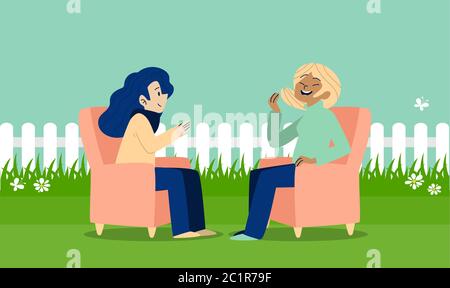 girls are sitting in a garden and talking to each other Stock Vector