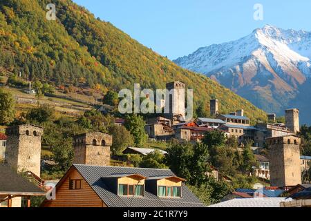 Amazing Historic Svan Tower-houses in the Town of Mestia, UNESCO World Heritage Site in the Upper Svaneti of Georgia Stock Photo