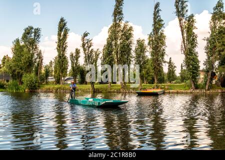 Xochimilco, CDMX. Mexico. June 14 2020. Panoramic view of the canals or channels of Xochimilco along the floating gardens or Chinampas in Mexico City