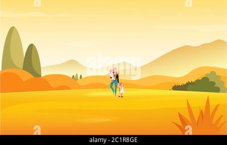 woman walking in the desert with her kids Stock Vector