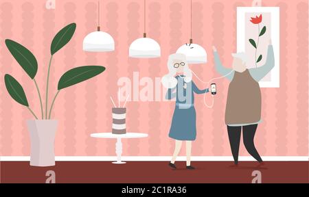 old couple dancing at home Stock Vector