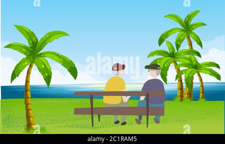 old couple sitting in a garden Stock Vector