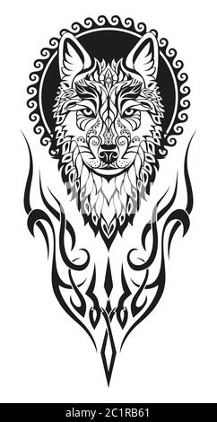 Modern abstract character wolf head black drawing on white background for print design. Artistic vector illustration. Stock Vector