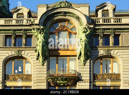Fragment of the architectural design of the facade in the Art Nouveau style in the Singer House Stock Photo