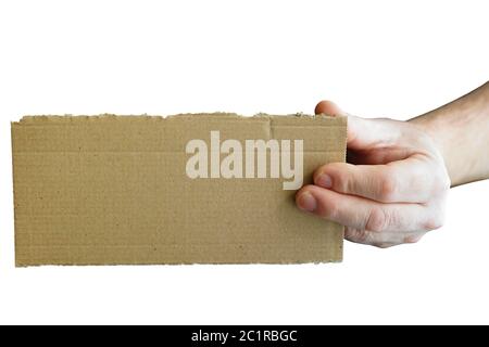 a hand holding a cardboard signboard with copy space and white background Stock Photo