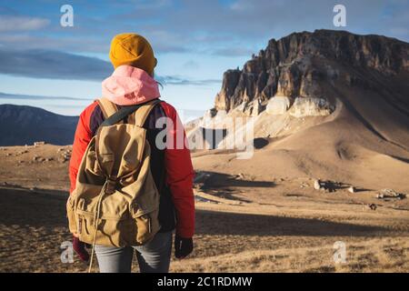 Portrait from the back of a girl traveler in a jacket with a cap and a backpack stands on the background of an epic landscape wi Stock Photo
