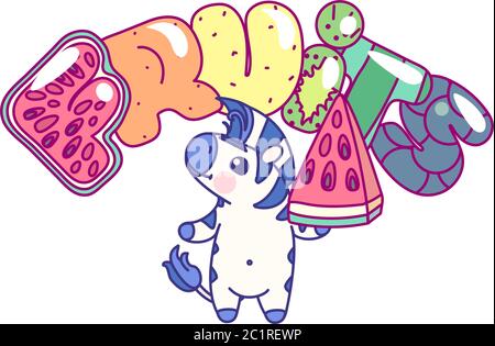 vector flat striped baby zebra and fruits Stock Vector