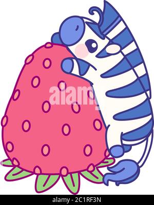 vector flat striped baby zebra on strawberry Stock Vector