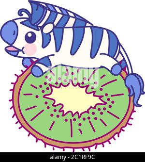 vector flat striped baby zebra on cut kiwi Stock Vector
