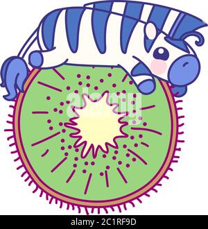 vector flat striped baby zebra on cut kiwi Stock Vector