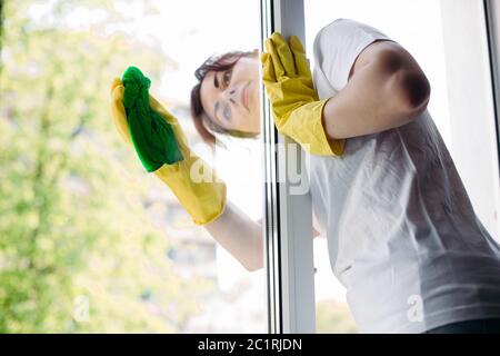 Brunette housewife cleaning big dirty window. Concept of housework and apartment service. Stock Photo