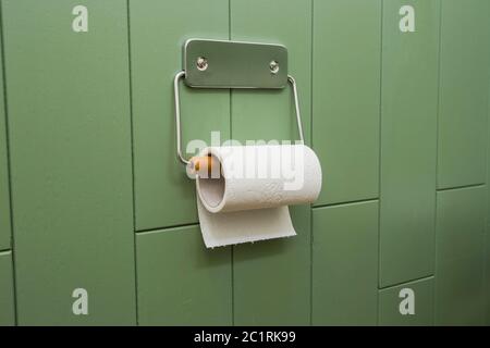 A white roll of soft toilet paper neatly hanging on a modern chrome holder on a green bathroom wall. Stock Photo