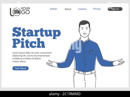 Startup Pitch landing page in thin line style. Stock Vector