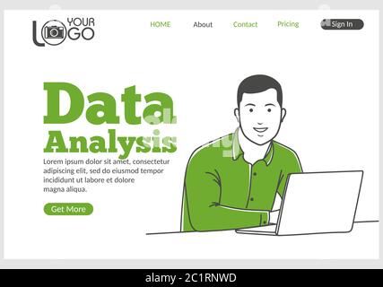 Data analysis landing page in thin line style. Stock Vector