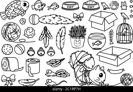 vector toys set for cats. coloring book page Stock Vector
