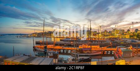 Oslo cityscape at night with view of Port in Oslo city, Norway Stock Photo