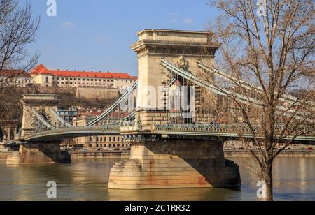 Budapest, Hungary, March 22 2018: Szechenyi Chain Bridge-one of the most beautiful bridges of Budapest, Hungary Stock Photo
