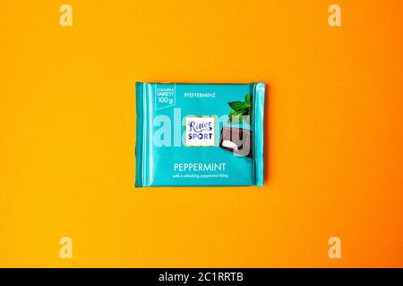 Zhytomyr, Ukraine June 02, 2020: Ritter Sport chocolate bar. Ritter Sport was founded in 1912 in Stuttgart-Bad Cannstatt, Germany Stock Photo