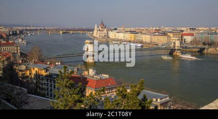 Budapest, Hungary, March 22 2018: Szechenyi Chain Bridge-one of the most beautiful bridges of Budapest, Hungary Stock Photo