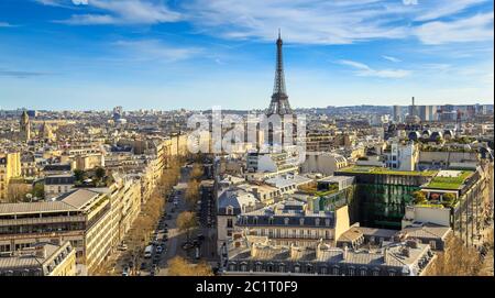 Beautiful panoramic view of Paris from the roof of the Triumphal Arch. Champs Elysees and the Eiffel Tower Stock Photo