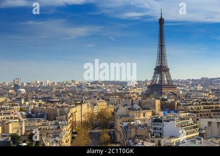 Beautiful panoramic view of Paris from the roof of the Triumphal Arch. Champs Elysees and the Eiffel Tower