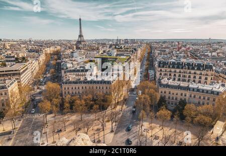 Beautiful panoramic view of Paris from the roof of the Triumphal Arch. Champs Elysees and the Eiffel Tower Stock Photo