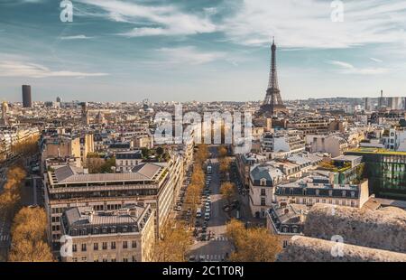 Beautiful panoramic view of Paris from the roof of the Triumphal Arch. Champs Elysees and the Eiffel Tower