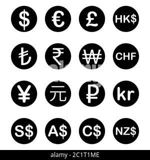 Various Currency FX Money Signs and Symbols with Descriptions. Black Illustration Isolated on a White Background. EPS Vector Stock Vector