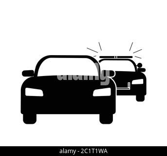 Car Getting Pulled Over Stopped by Police Cop Flashing Siren Lights. Black Illustration Isolated on a White Background. EPS Vector Stock Vector