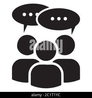 Multi User Icon with Speech Bubble. A Group of Stick Figure People Man Talking Chatting Discussing Meeting. Black and white illustration. EPS Vector Stock Vector