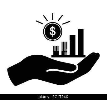 Palm Out Dollar Money Coin Growth Bar Chart. Black Illustration Isolated on a White Background. EPS Vector Stock Vector