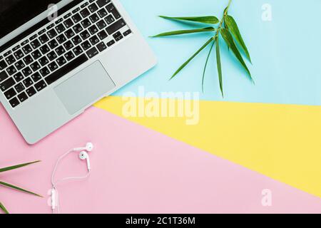 Flat lay top view mockup photo of working space with laptop, headphones and green leaves on pastel background. Back to school, online education Stock Photo
