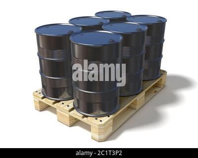 Black oil barrels on wooden euro pallet. 3D Stock Photo