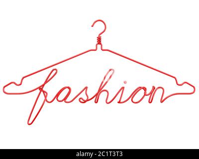 Red wire clothes hangers with message - FASHION. 3D Stock Photo