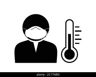 Stick Figure Patient Illness with Mask and Thermometer Fever Temperature. Black Illustration Isolated on a White Background. EPS Vector Stock Vector