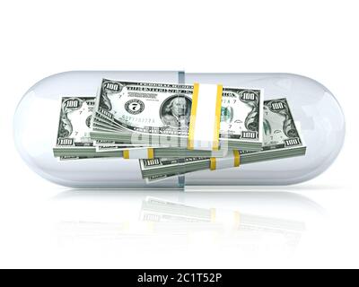 Transparent pill capsule, with dollars stack inside. Isolated on white background. 3D Stock Photo