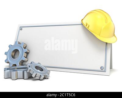 Construction helmet and gear wheels, on blank card. 3D Stock Photo