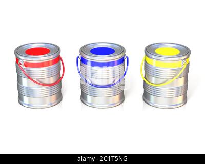 Metal tin cans with basic colors (red, blue and green) paint Stock Photo